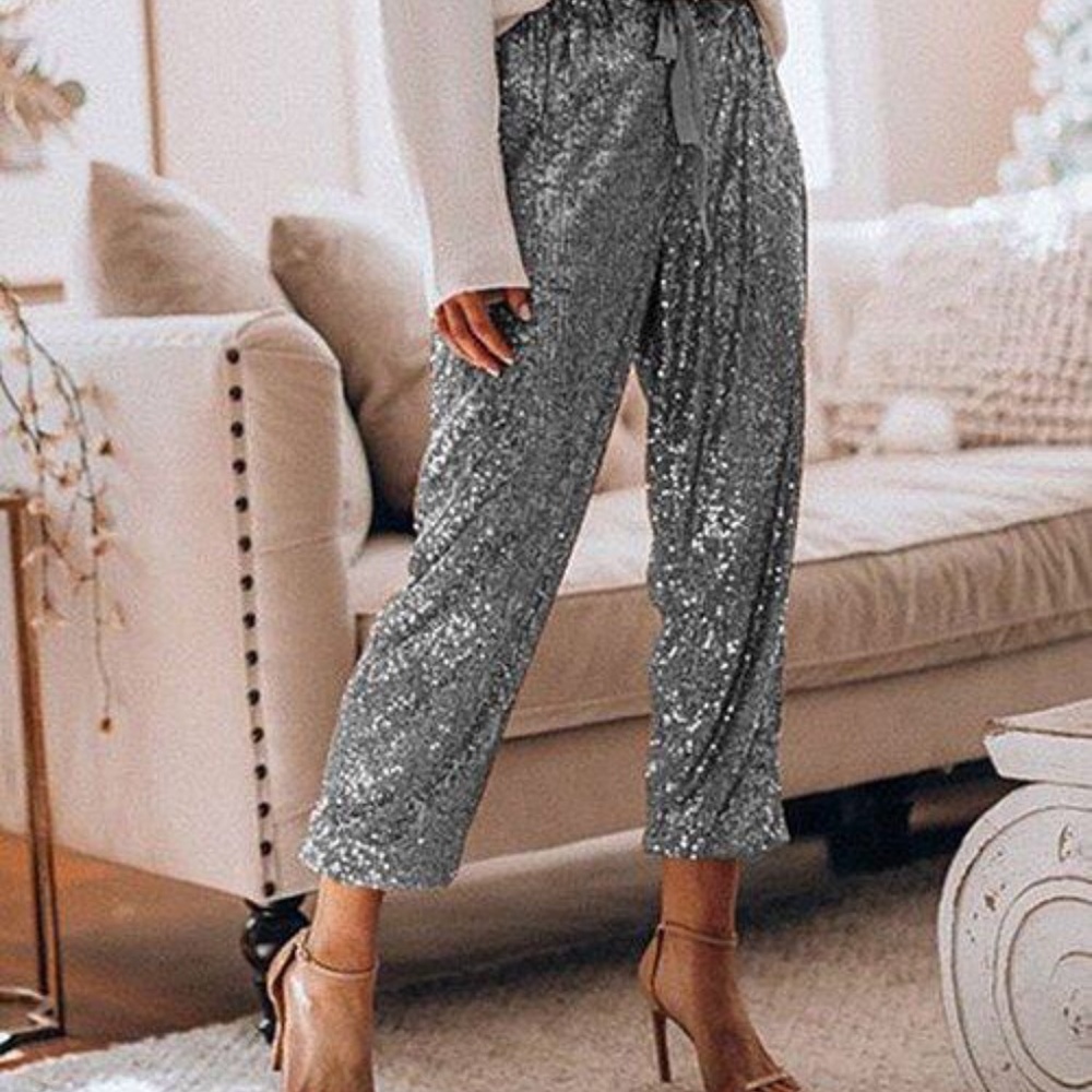 Silver Sequin Drawstring Crop Trousers sz xl waist 27.1”rise 9” inseam 32” - Picture 2 of 5